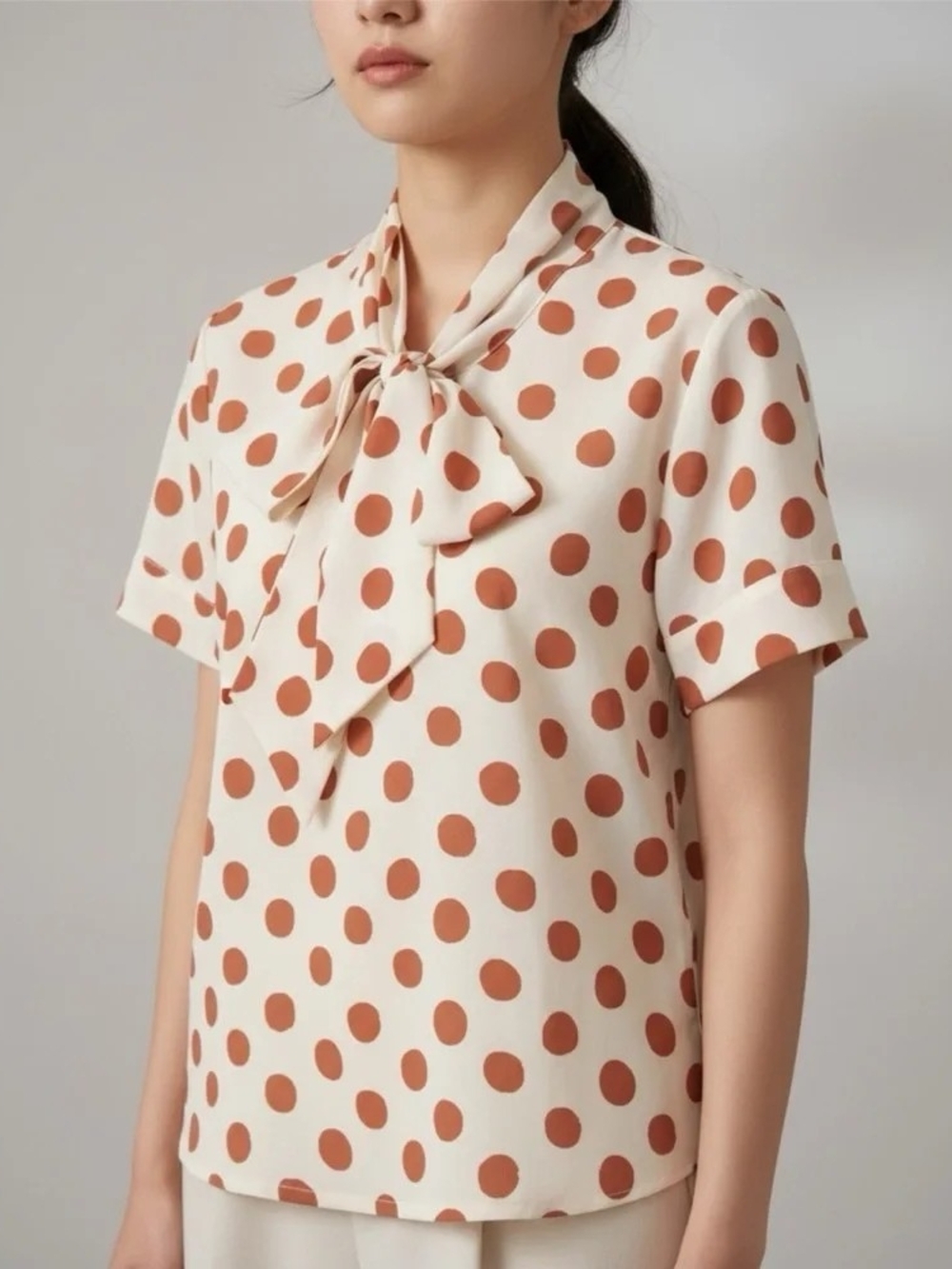 Tucker Size Medium Cream Polka Dot Tie-Neck Blouse